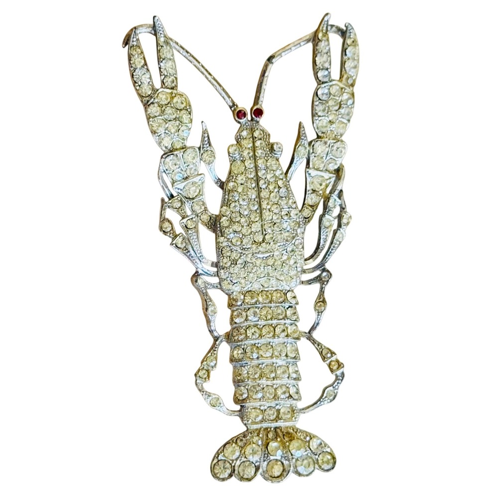 VTG 80s Thelma Deutsch Lobster Brooch Crystal Rhinestone Silver Oversized Rare